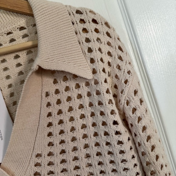 French Connection Manda Pointelle-Knit Polo Sweater Oatmeal Small NWT - Picture 1 of 5